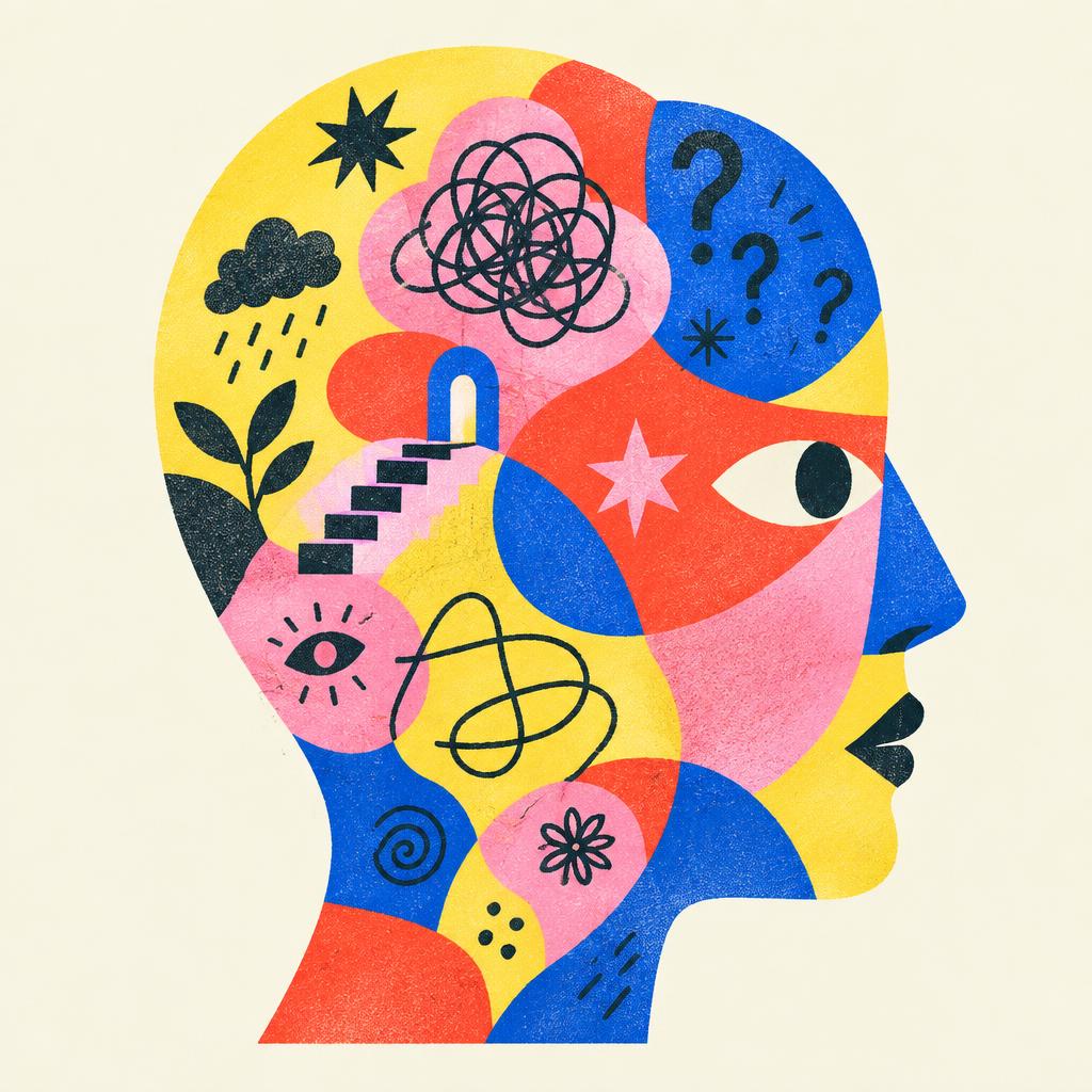 Abstract illustrated head filled with scribbles, question marks and stairs